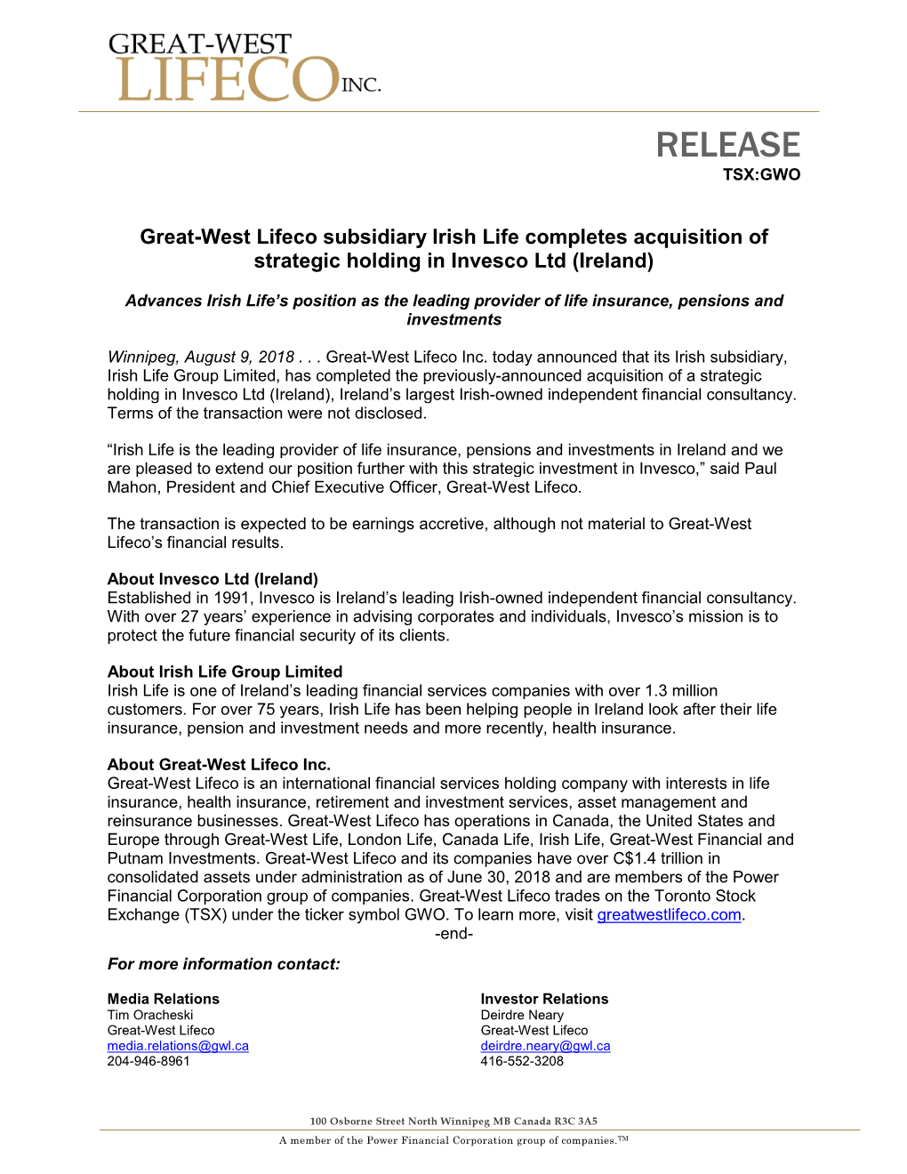 Great-West Lifeco Subsidiary Irish Life Completes Acquisition of Strategic Holding in Invesco Ltd (Ireland)