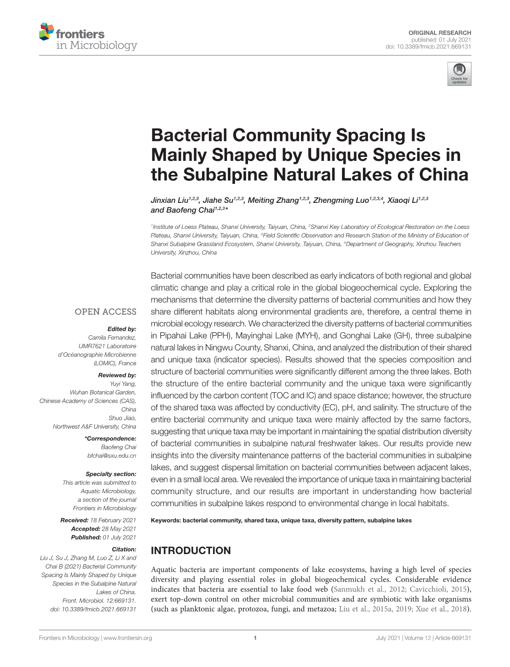 Bacterial Community Spacing Is Mainly Shaped by Unique Species in the Subalpine Natural Lakes of China