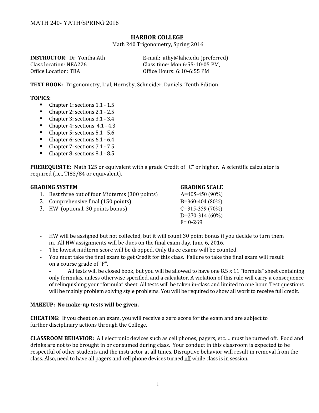 Math 240- Yath/Spring 2016