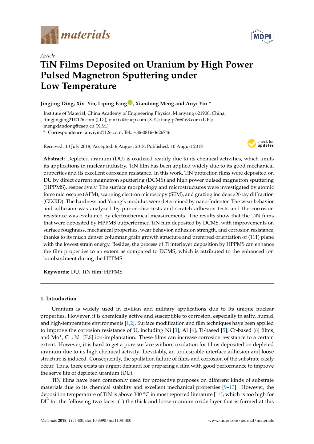 Tin Films Deposited on Uranium by High Power Pulsed Magnetron Sputtering Under Low Temperature