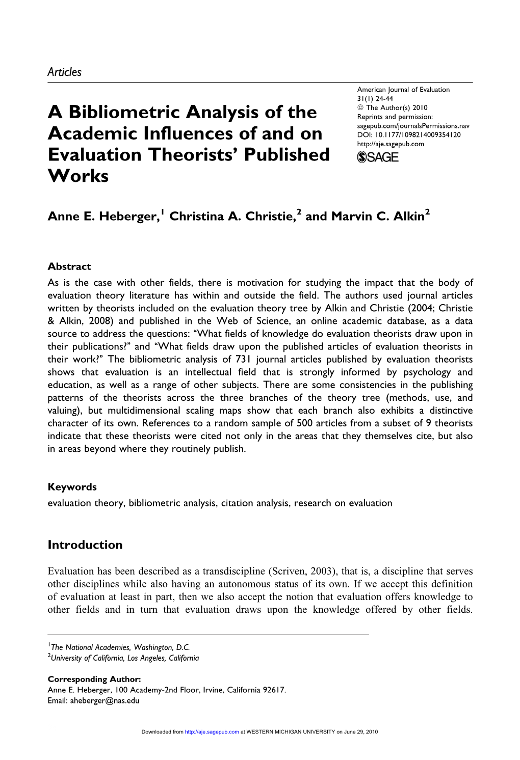 A Bibliometric Analysis of the Academic Influences of and on Evaluation Theorists' Published Works