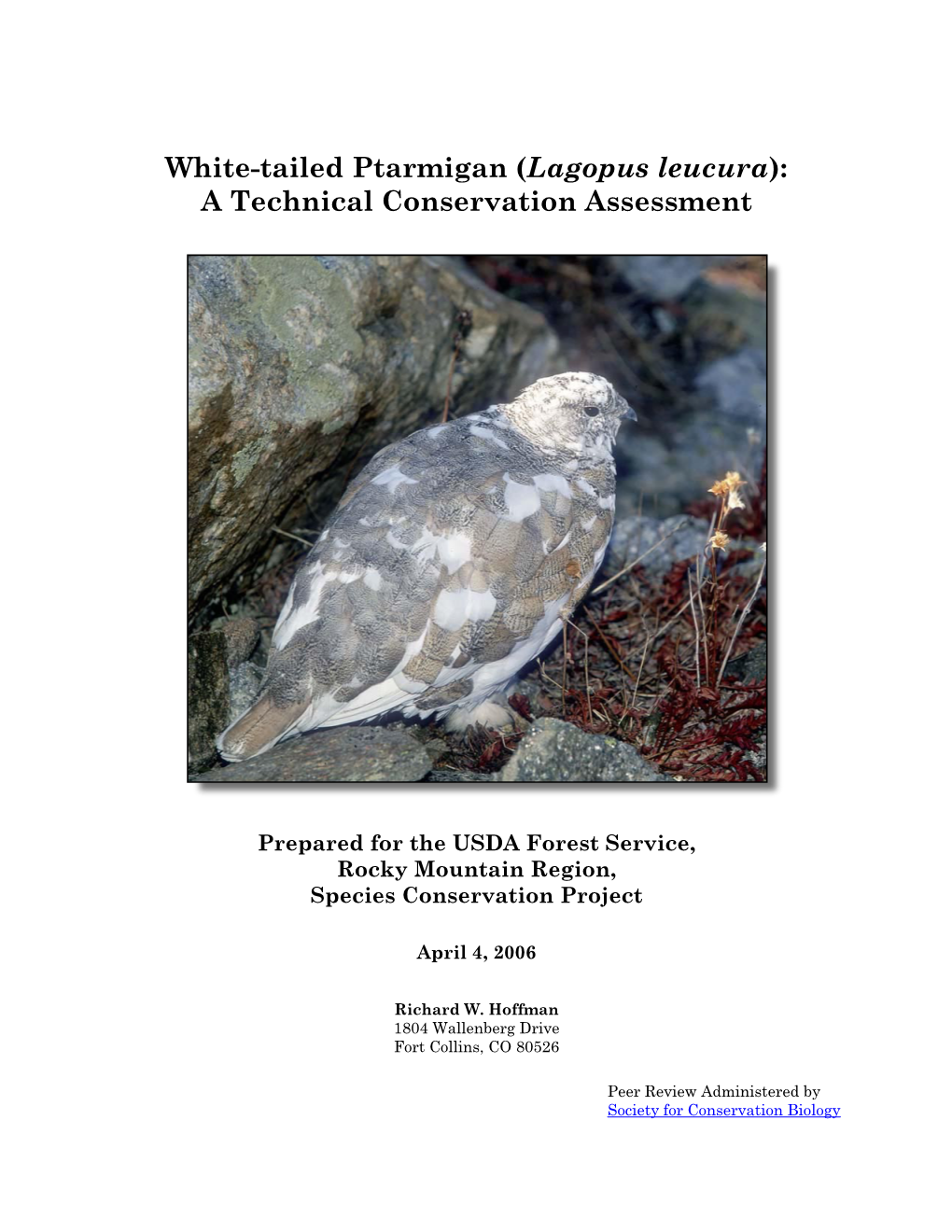 White-Tailed Ptarmigan (Lagopus Leucura): a Technical Conservation Assessment