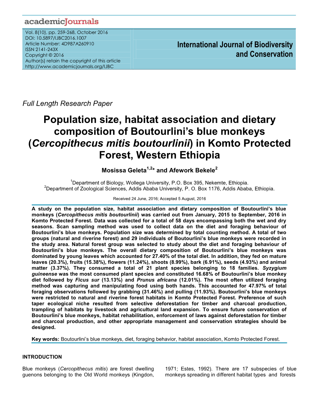 Population Size, Habitat Association and Dietary Composition of Boutourlini's Blue Monkeys (Cercopithecus Mitis Boutourlinii)