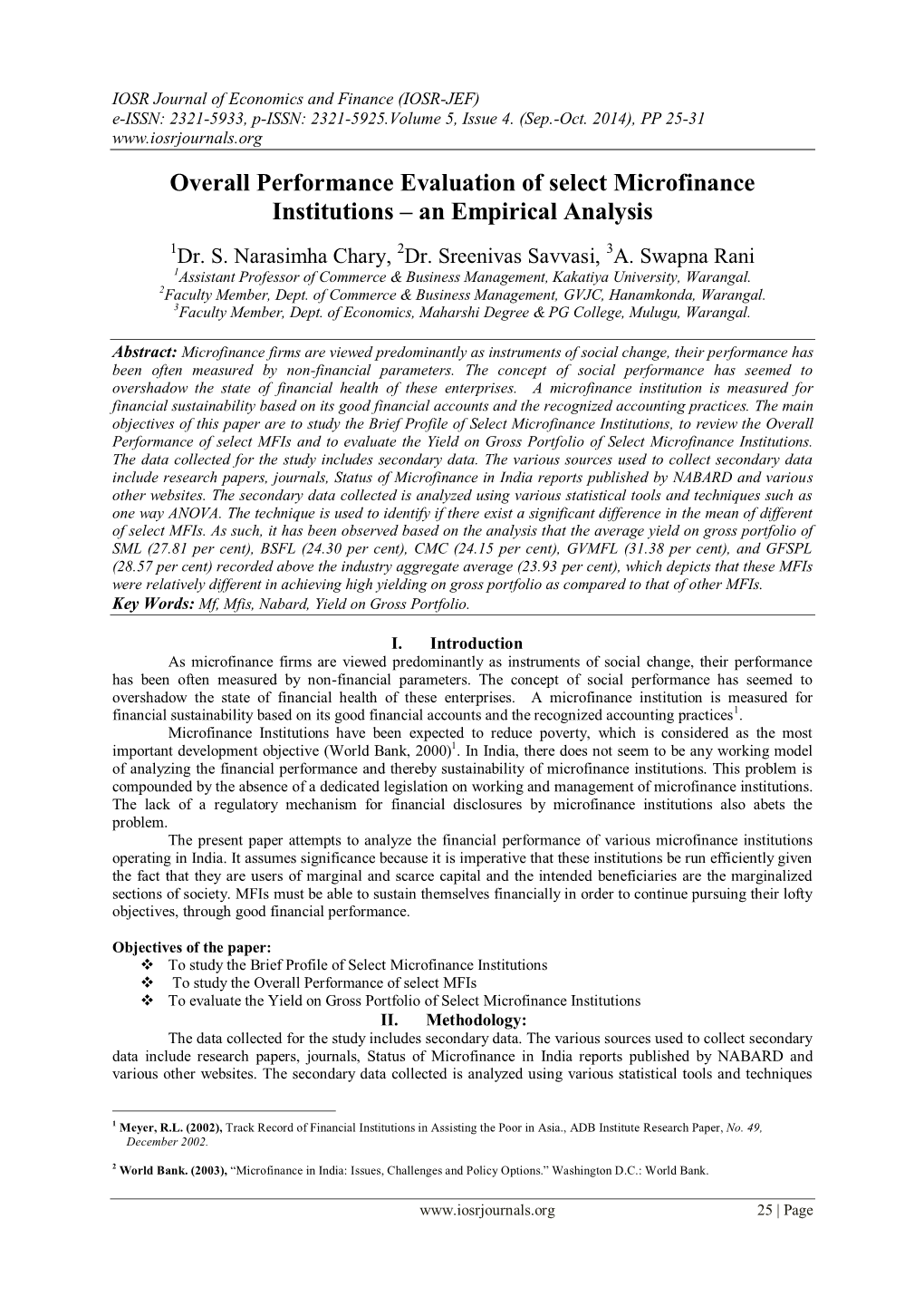 Overall Performance Evaluation of Select Microfinance Institutions – an Empirical Analysis