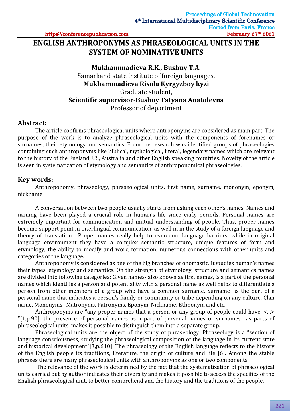 English Anthroponyms As Phraseological Units in the System of Nominative Units