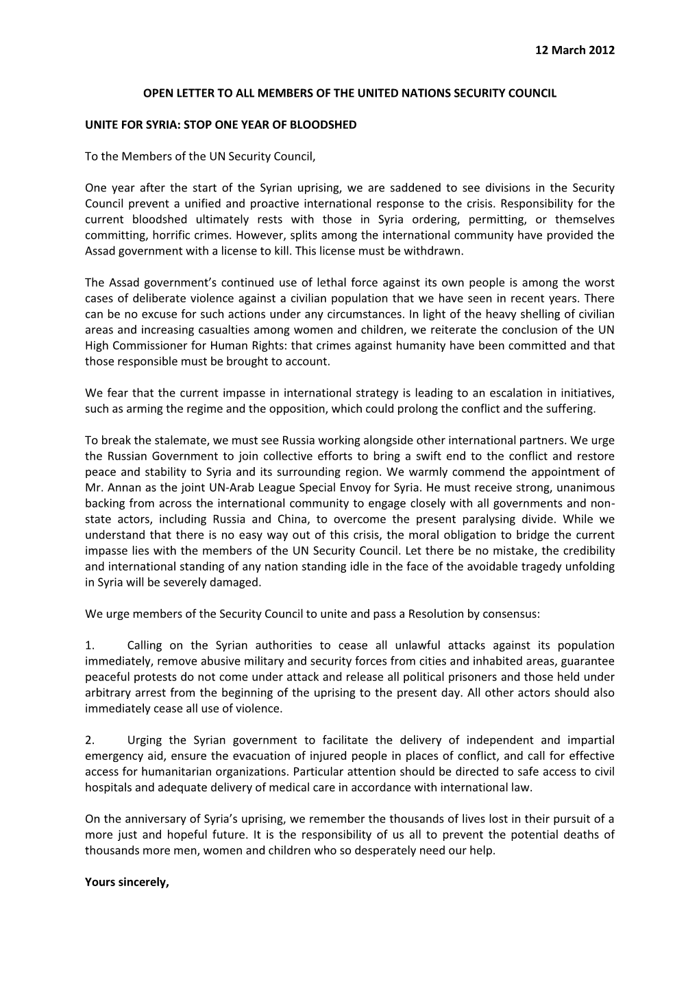 12 March 2012 OPEN LETTER to ALL MEMBERS of the UNITED