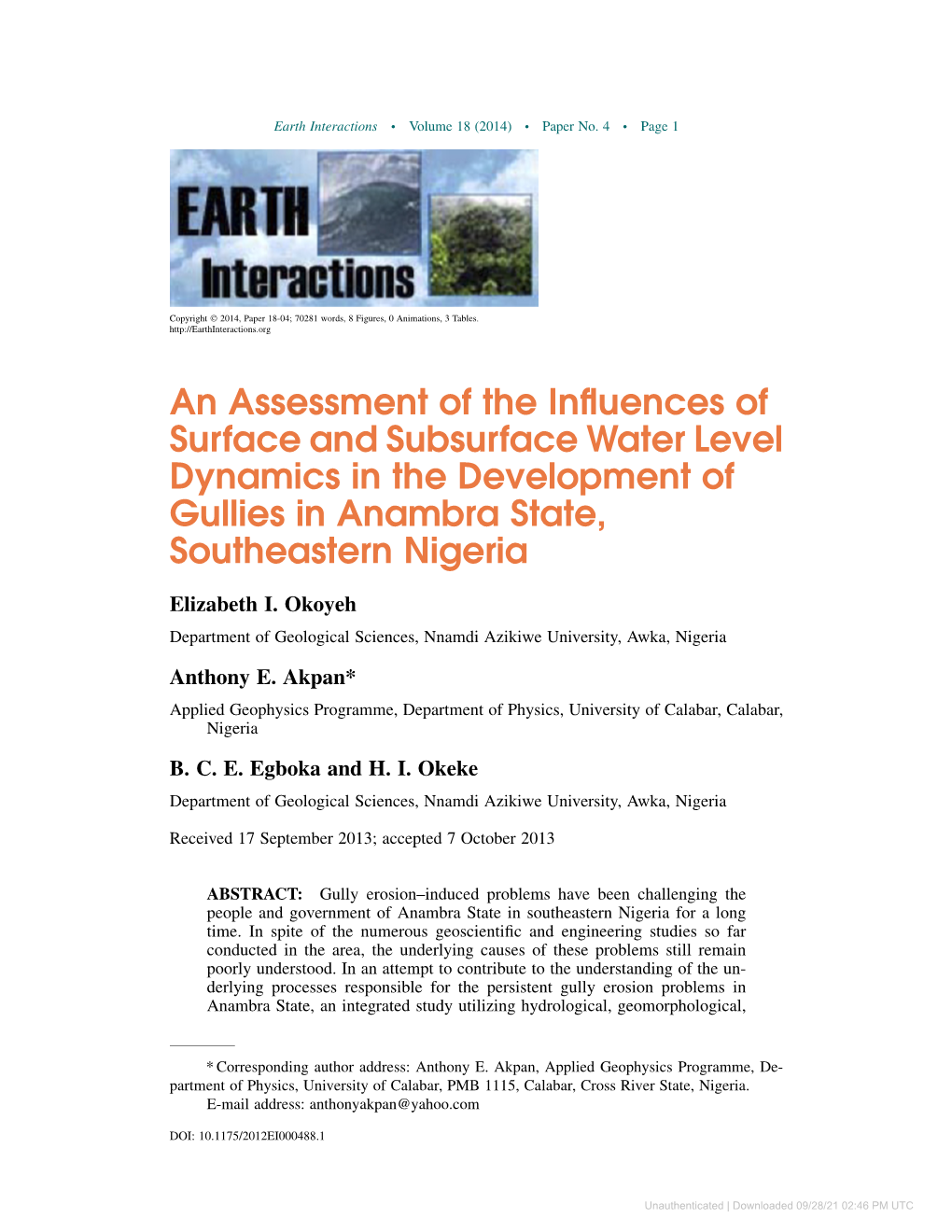 Downloaded 09/28/21 02:46 PM UTC Earth Interactions D Volume 18 (2014) D Paper No