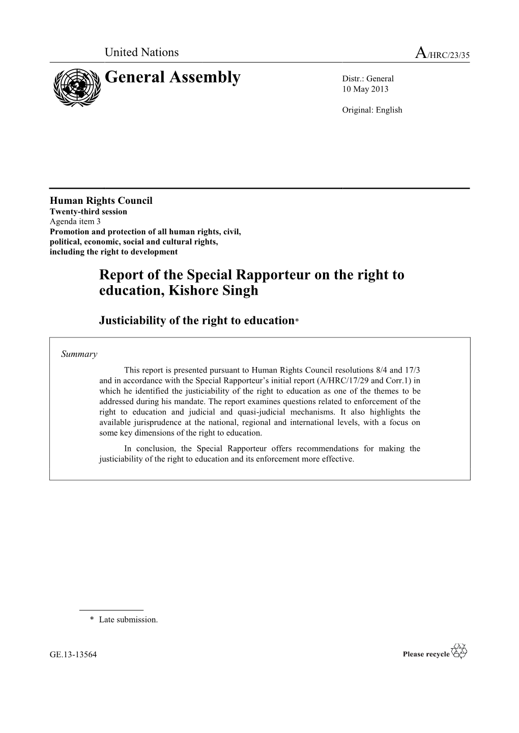 Report of the Special Rapporteur on the Right to Education, Kishore Singh