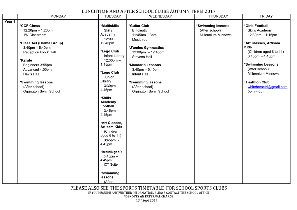 Lunchtime and After School Clubs Autumn Term 2017