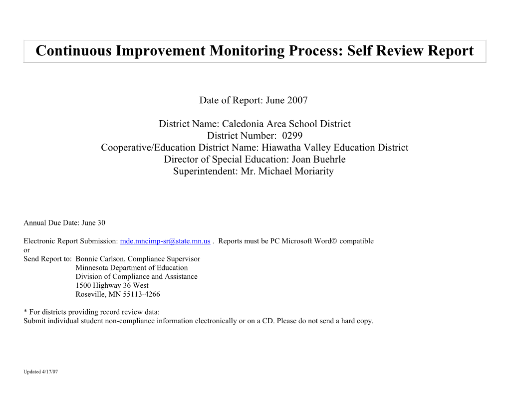 Continuous Improvement Monitoring Process: Self Review Report s2