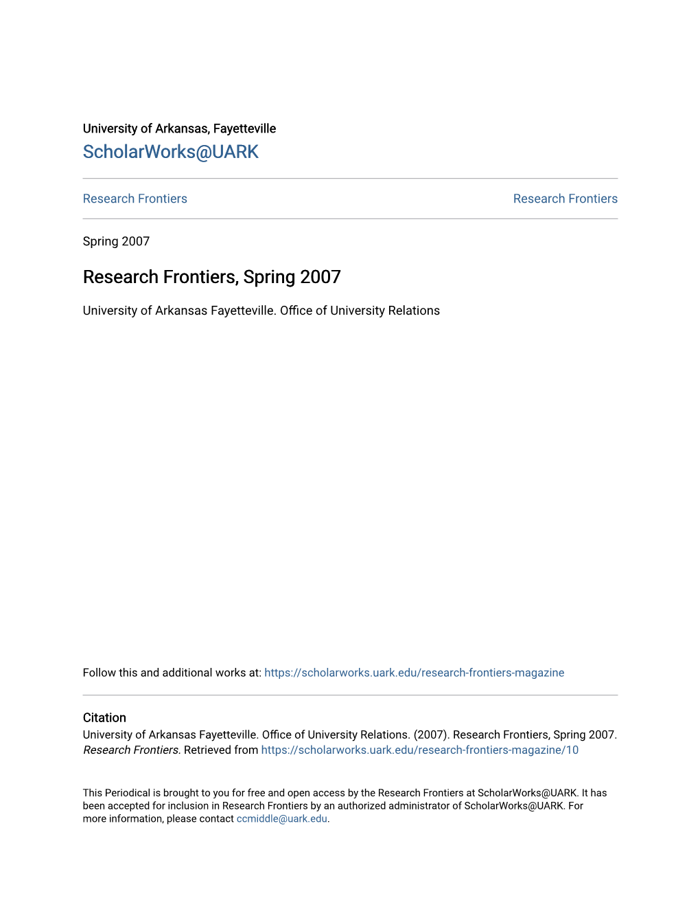 Research Frontiers, Spring 2007