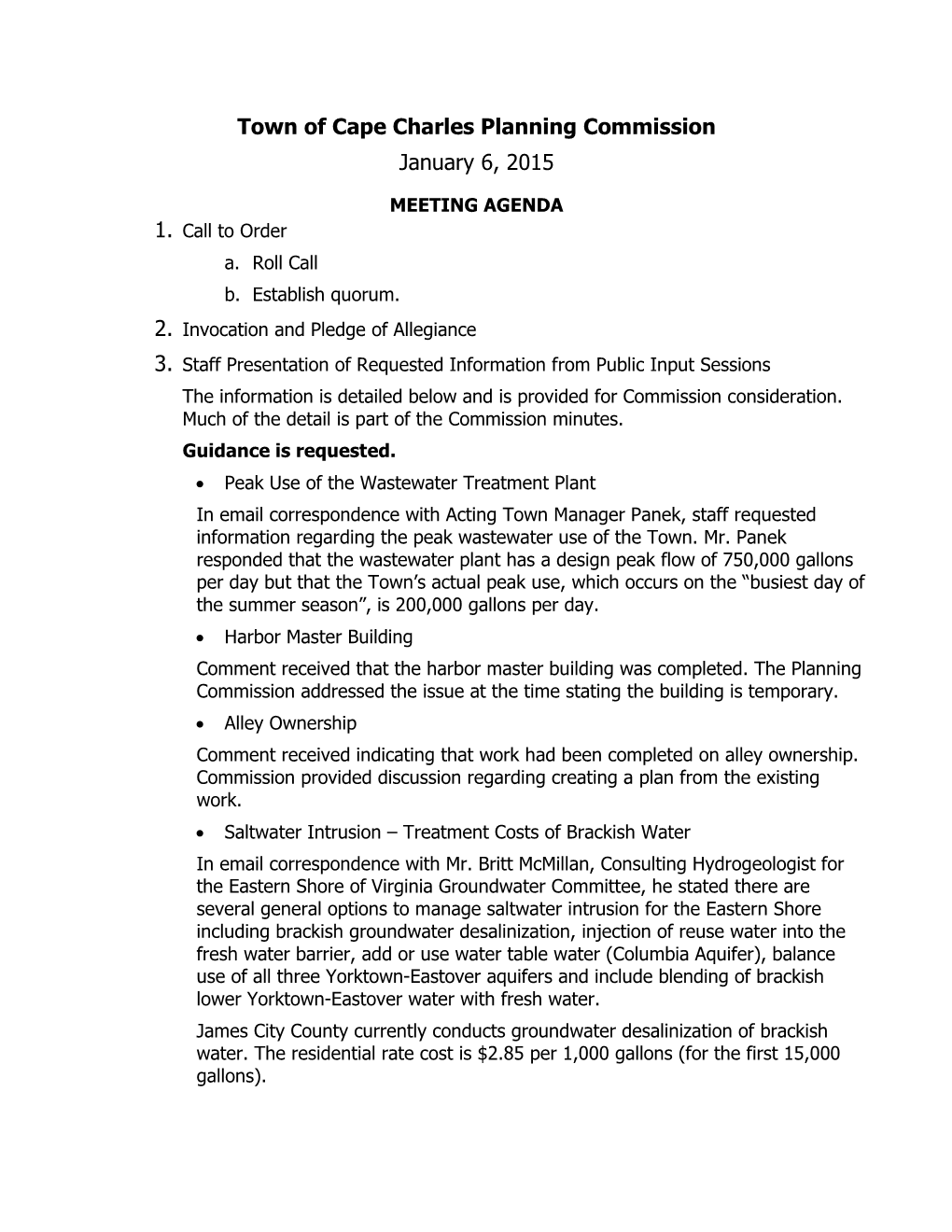 Town of Cape Charles Planning Commission January 6, 2015