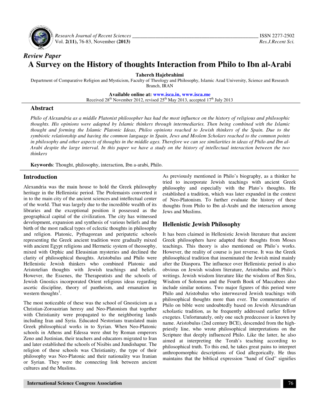 A Survey on the History of Thoughts Interaction from Philo to Ibn Al-Arabi