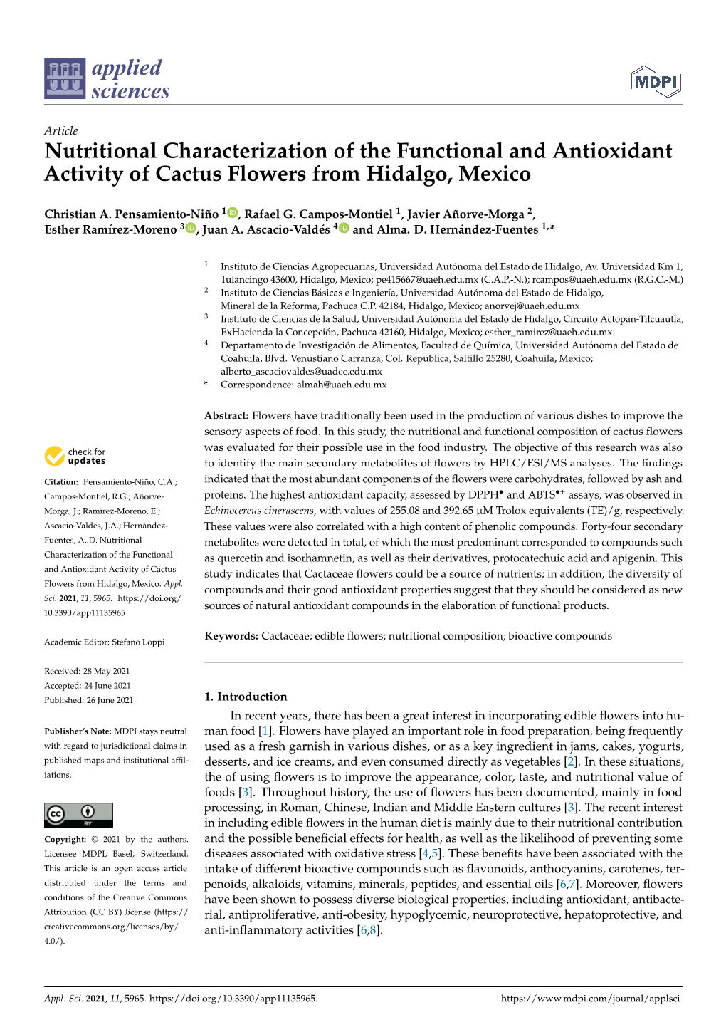 Nutritional Characterization of the Functional and Antioxidant Activity of Cactus Flowers from Hidalgo, Mexico