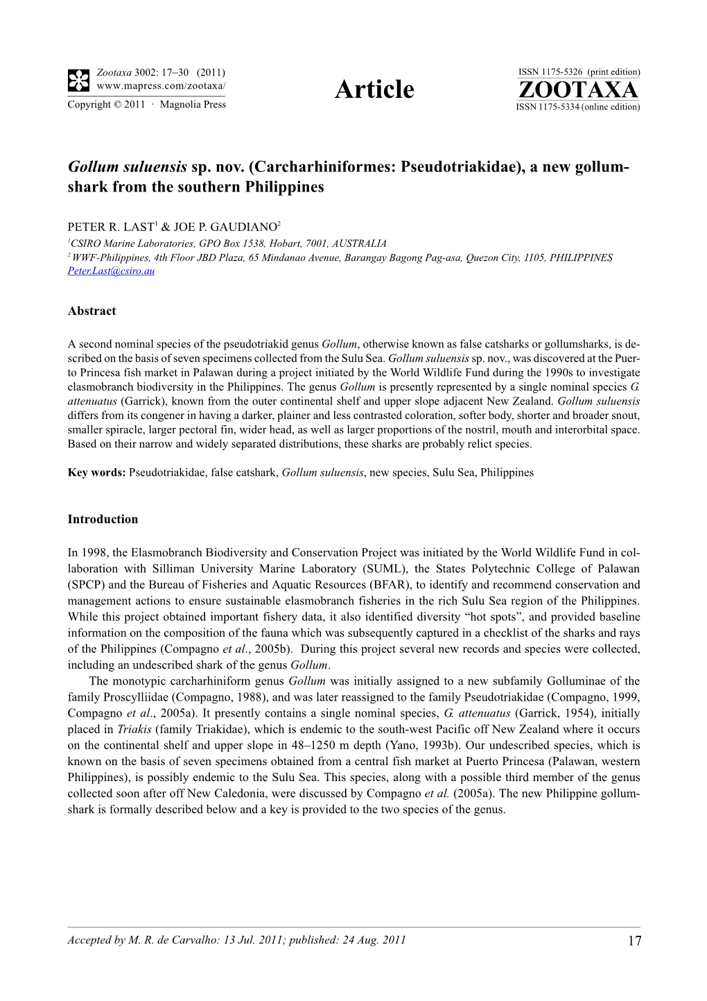 Carcharhiniformes: Pseudotriakidae), a New Gollum- Shark from the Southern Philippines