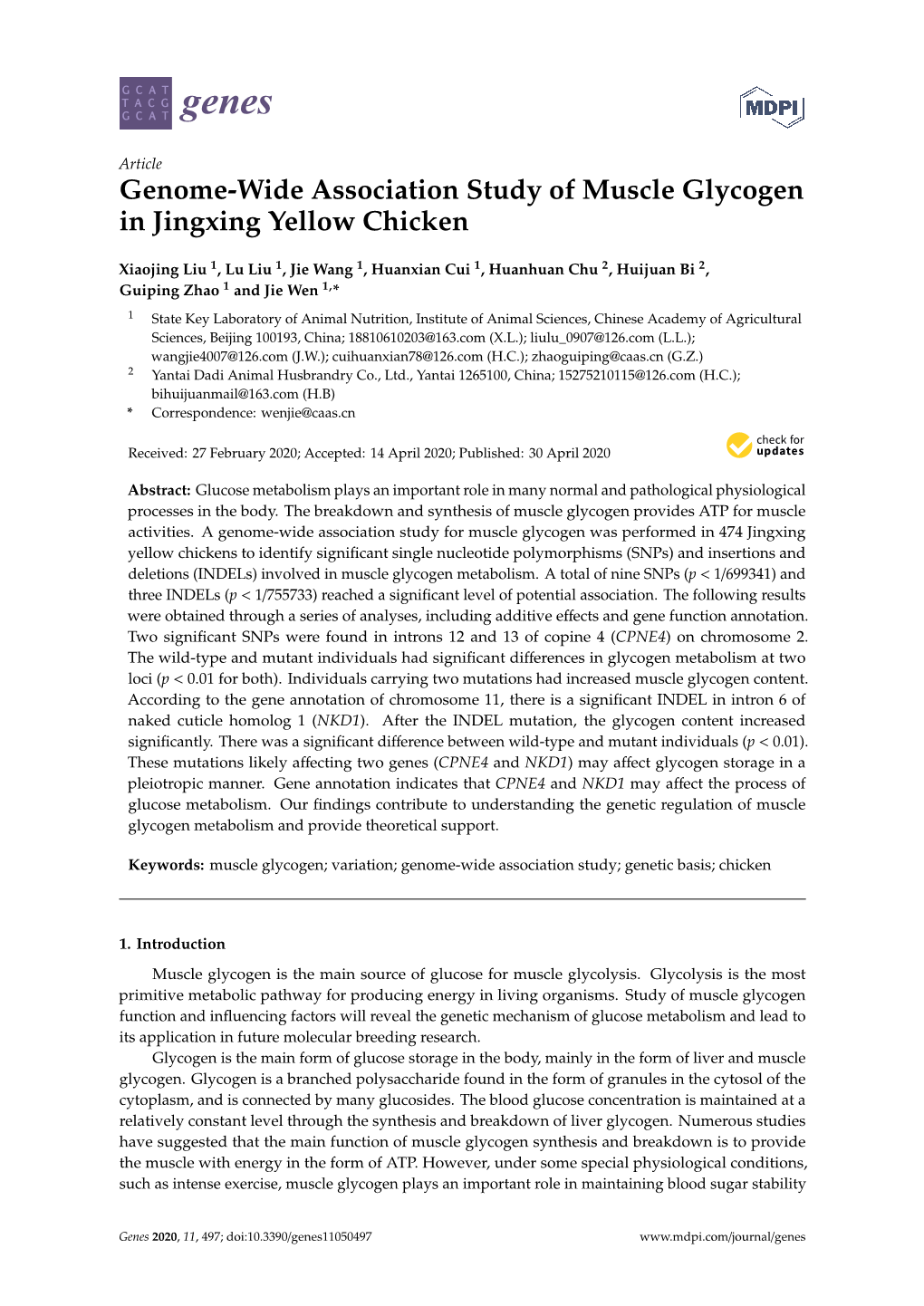 Genome-Wide Association Study of Muscle Glycogen in Jingxing Yellow Chicken