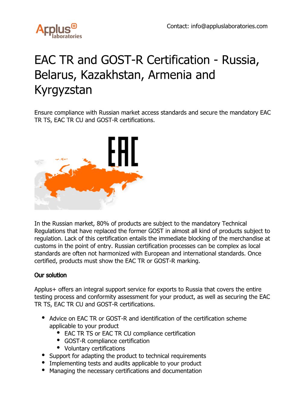 EAC TR and GOST-R Certification - Russia, Belarus, Kazakhstan, Armenia and Kyrgyzstan