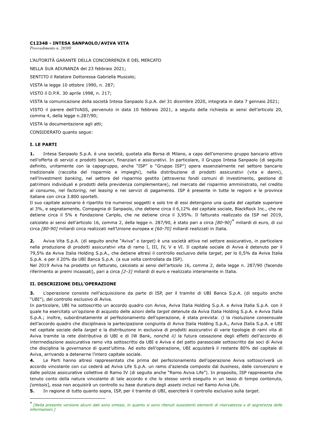 INTESA SANPAOLO/AVIVA VITA Provvedimento N. 28589 L