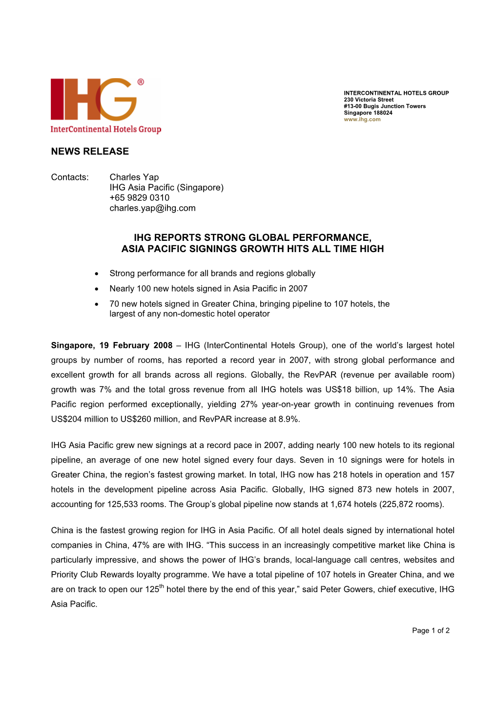 News Release Ihg Reports Strong Global