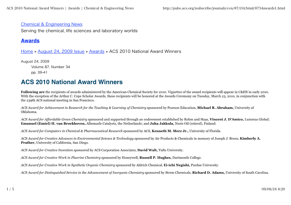 ACS 2010 National Award Winners | Awards | Chemical & Engineering