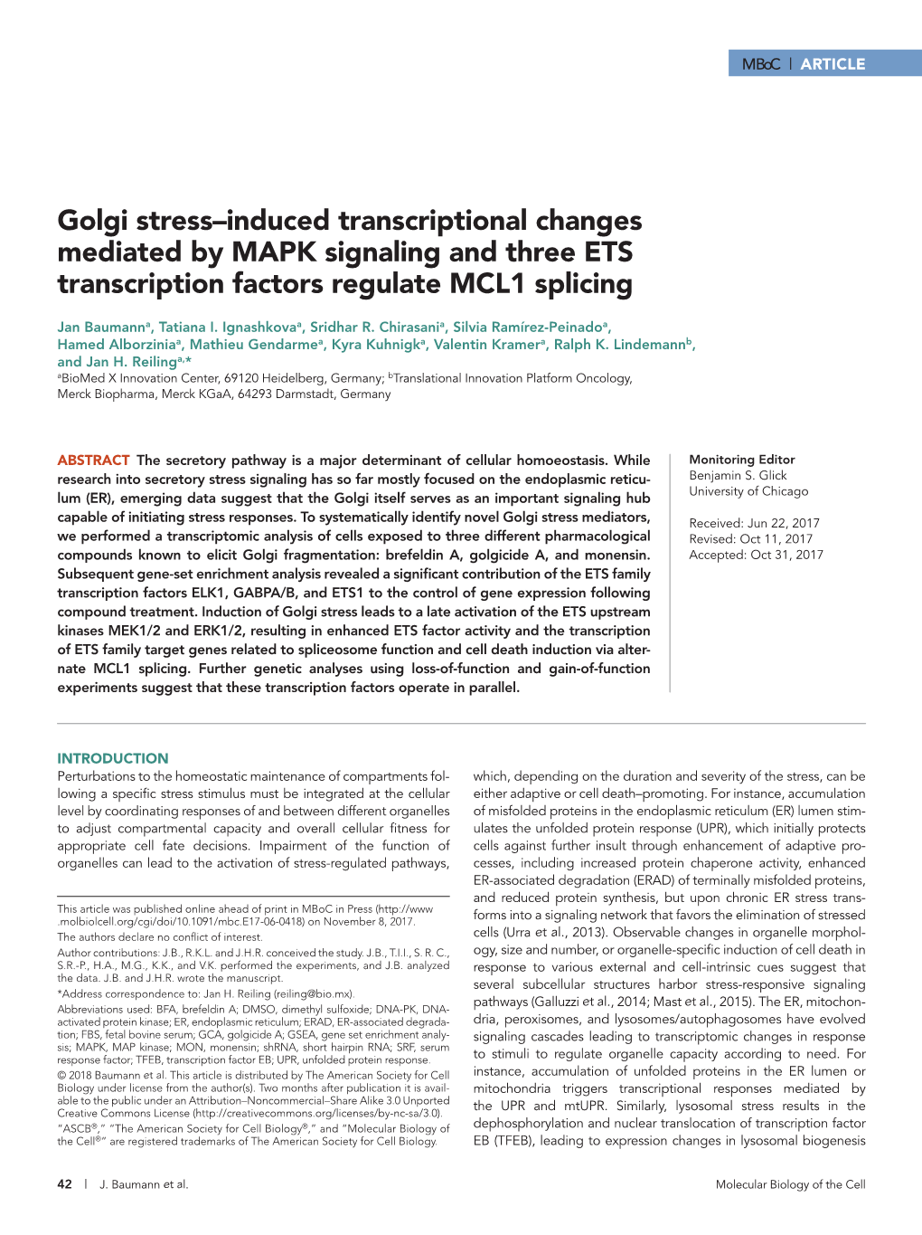 Golgi Stress–Induced Transcriptional Changes Mediated by MAPK Signaling and Three ETS Transcription Factors Regulate MCL1 Splicing