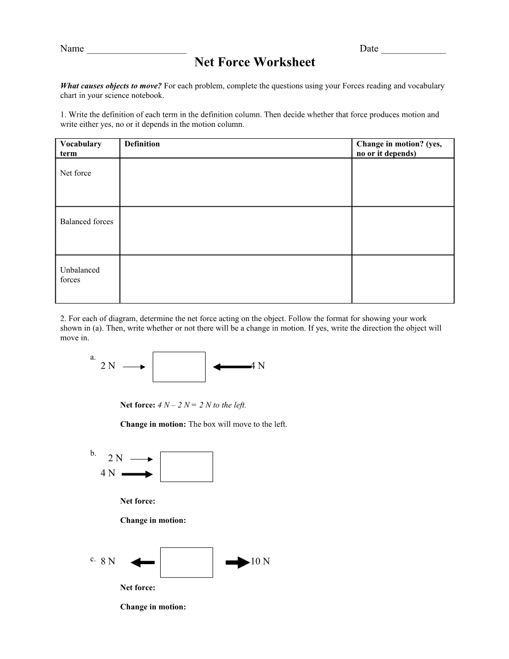 Net Force Worksheet