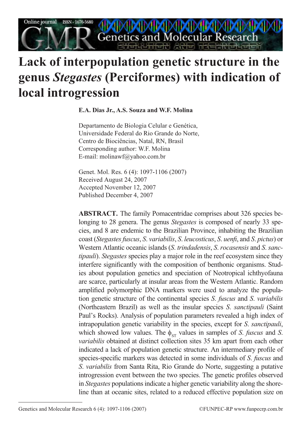 Lack of Interpopulation Genetic Structure in the Genus Stegastes (Perciformes) with Indication of Local Introgression