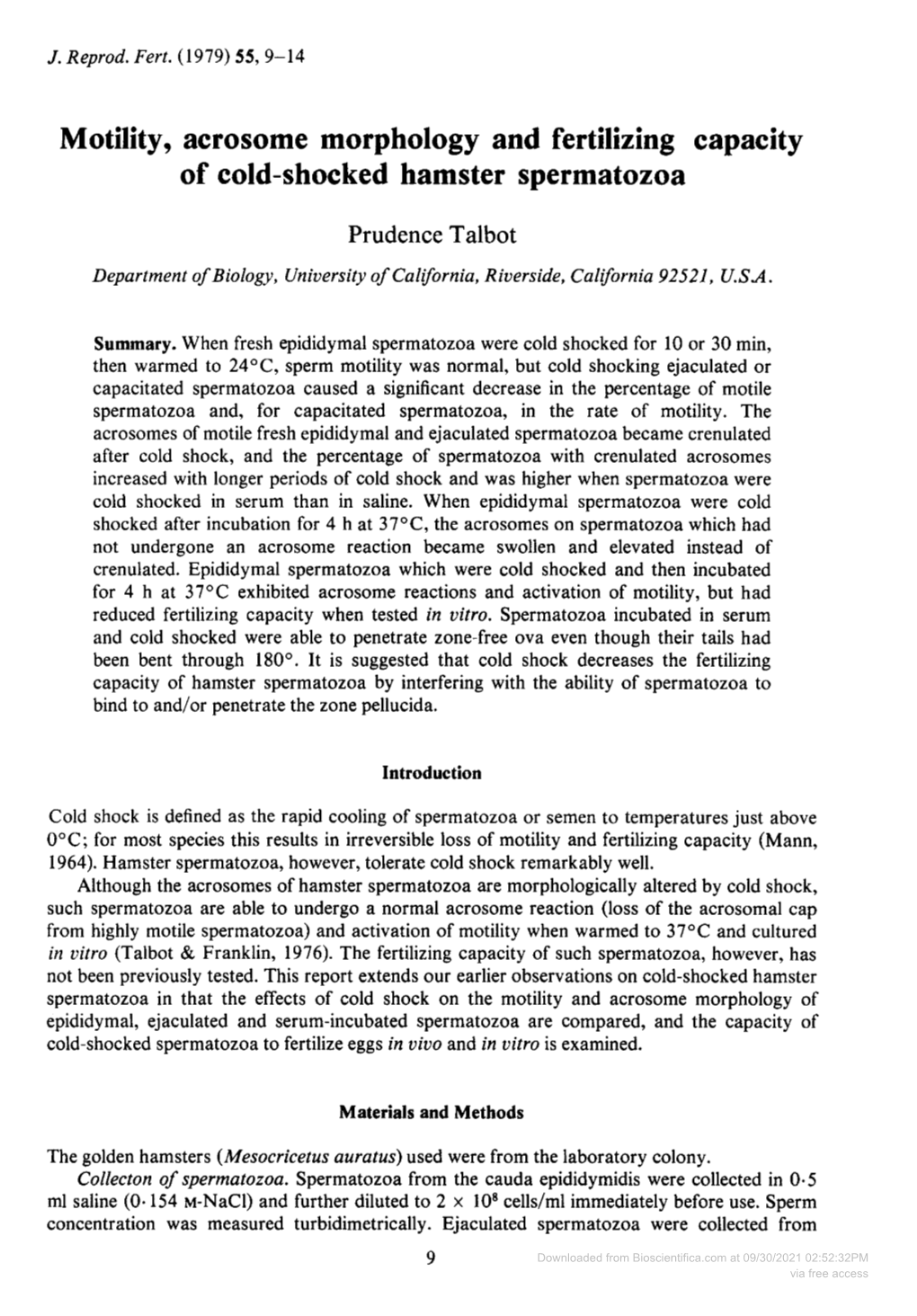 Motility, Acrosome Morphology and Fertilizing Capacity of Cold-Shocked Hamster Spermatozoa