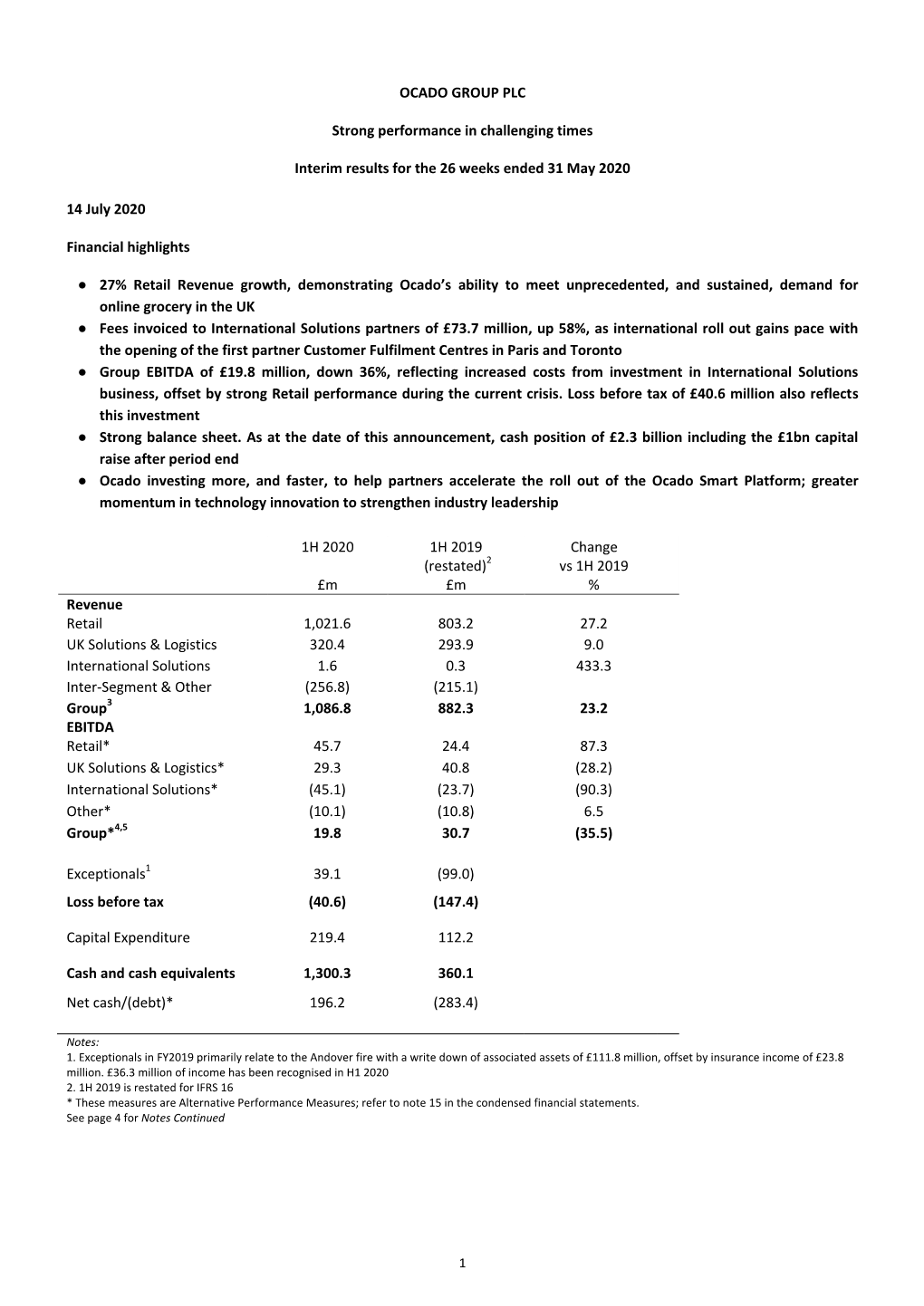 OCADO GROUP PLC Strong Performance in Challenging Times Interim Results for the 26 Weeks Ended 31 May 2020 14 July 2020 Financia