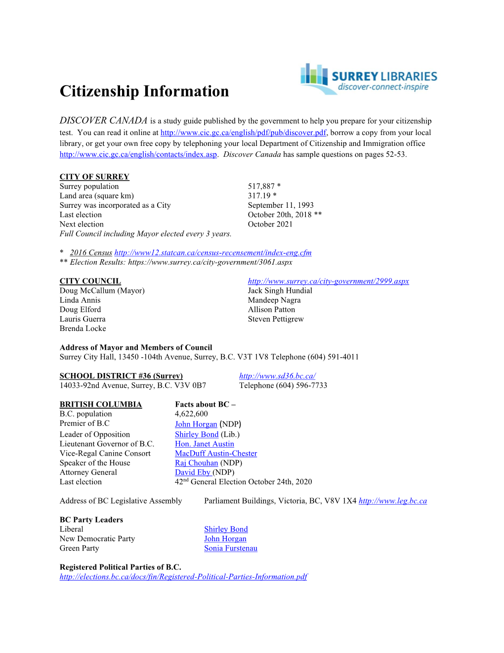 Citizenship Information for Surrey. BC