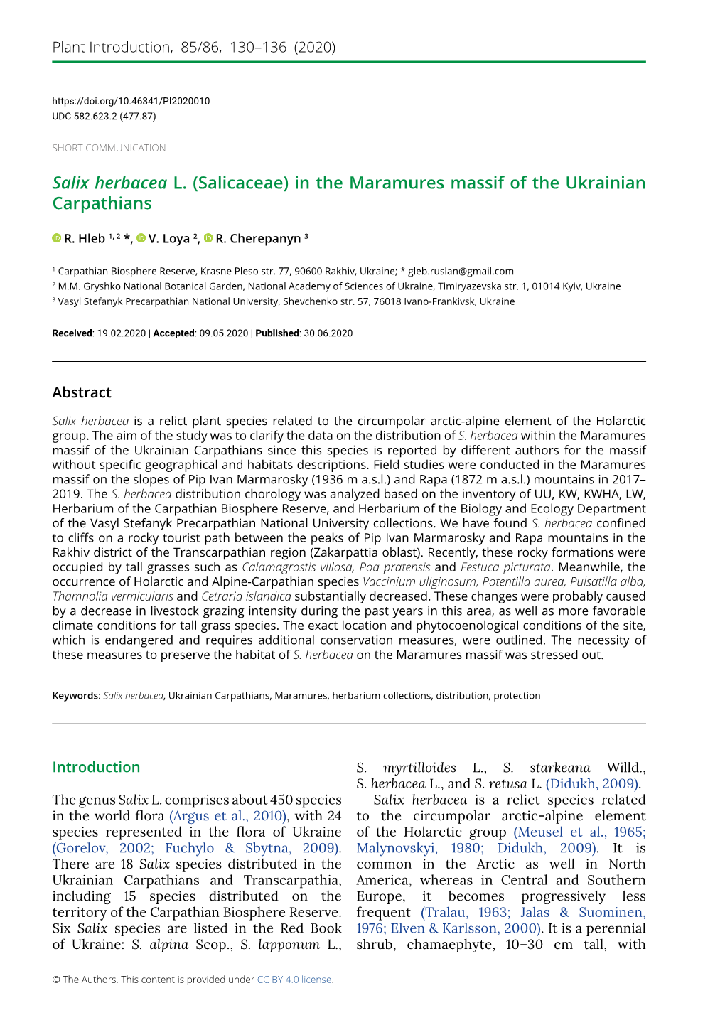 Salix Herbacea L. (Salicaceae) in the Maramures Massif of the Ukrainian Carpathians