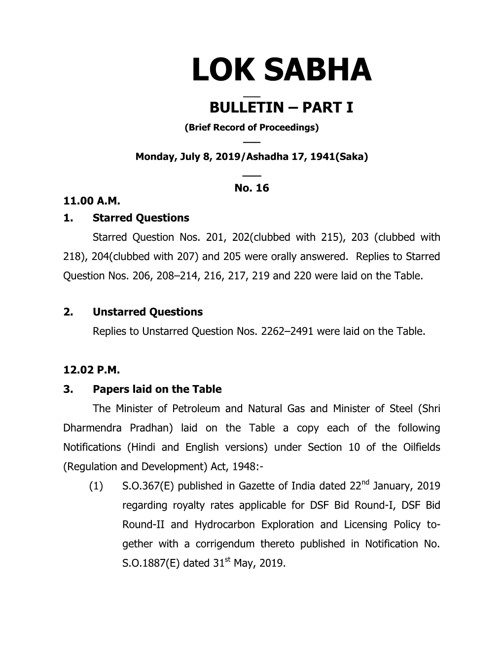 Lok Sabha ___ Bulletin – Part I