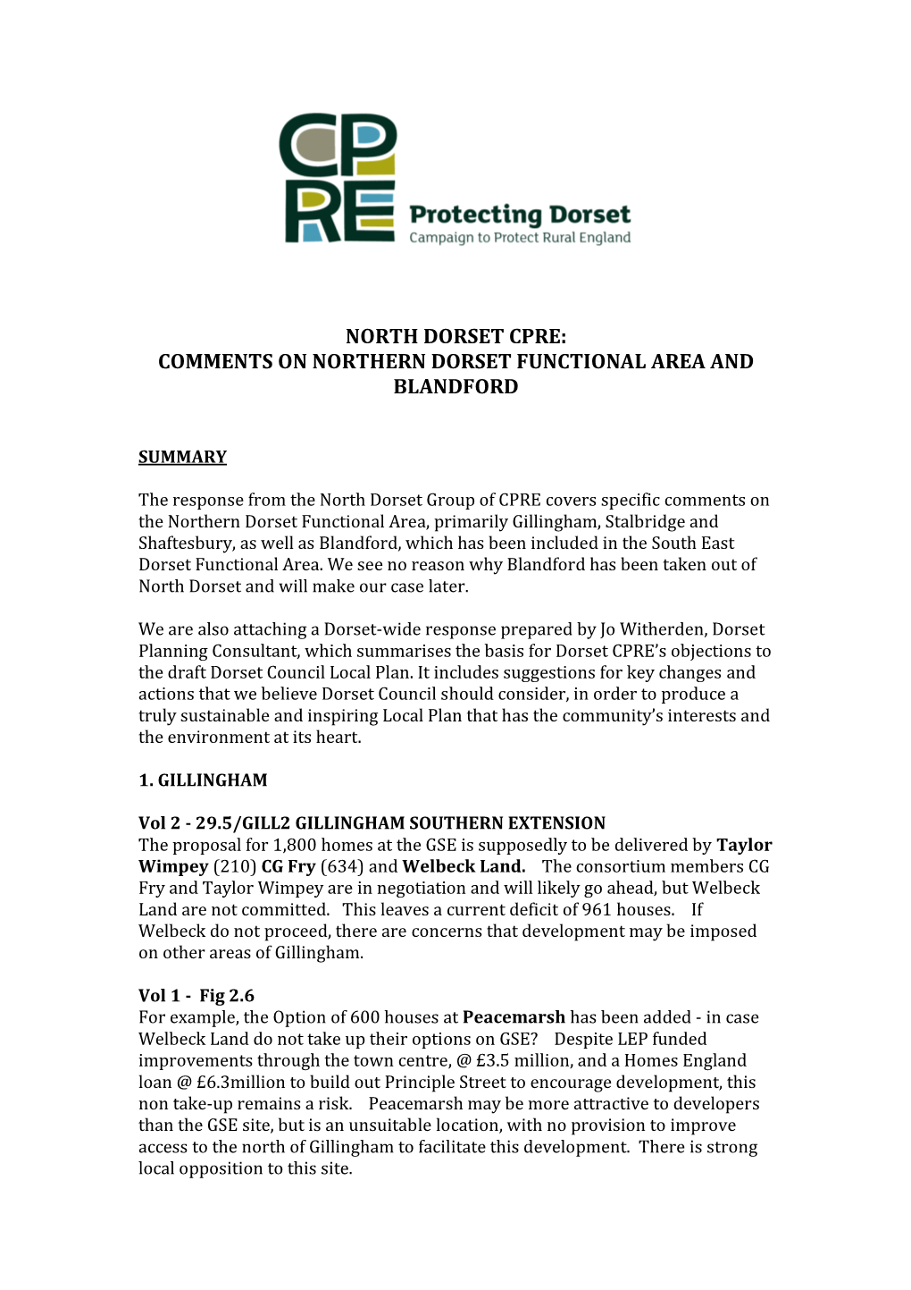 North Dorset Cpre: Comments on Northern Dorset Functional Area and Blandford