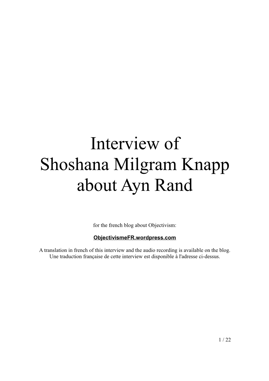 Interview of Shoshana Milgram Knapp About Ayn Rand