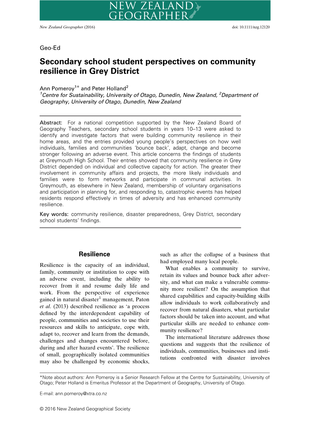 Secondary School Student Perspectives on Community Resilience in Grey District