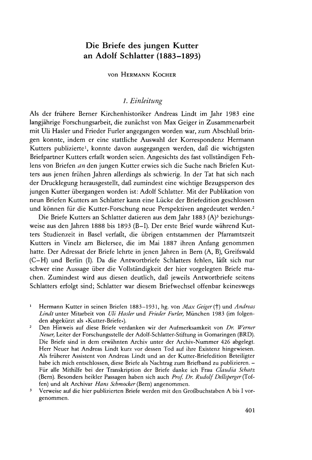 Die Briefe Des Jungen Kutter an Adolf Schlatter (1883-1893)