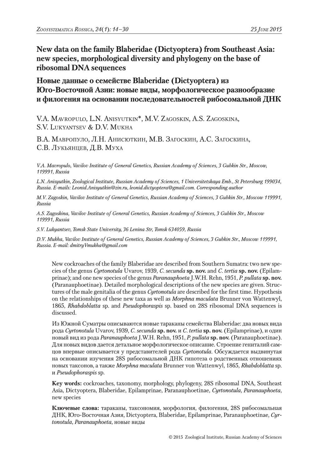 New Data on the Family Blaberidae (Dictyoptera) from Southeast Asia