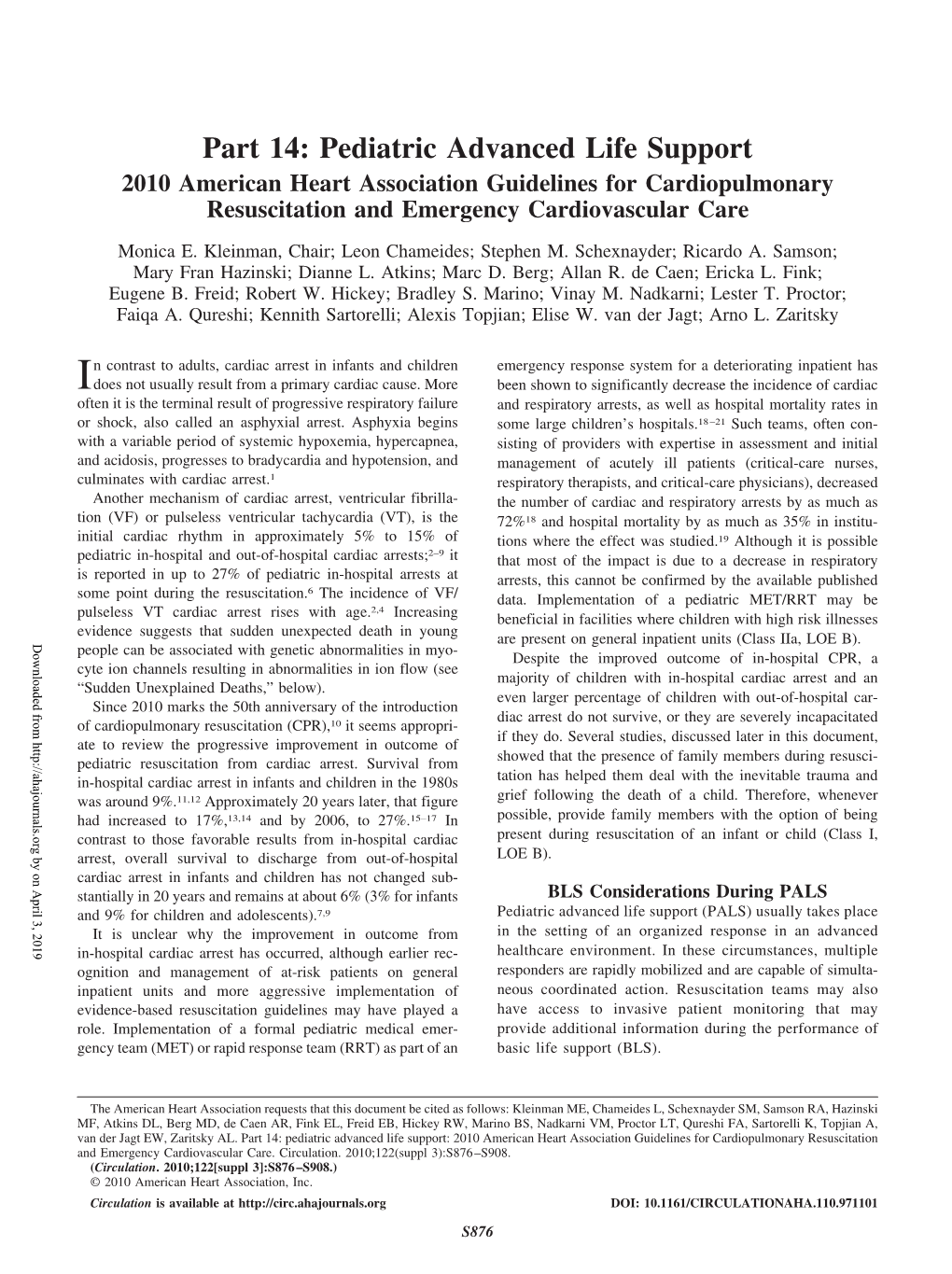 Part 14: Pediatric Advanced Life Support 2010 American Heart Association Guidelines for Cardiopulmonary Resuscitation and Emergency Cardiovascular Care