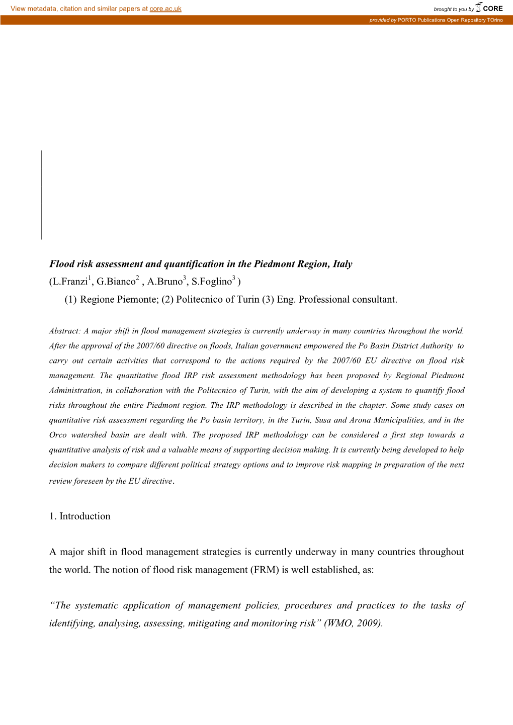 Flood Risk Assessment and Quantification in the Piedmont