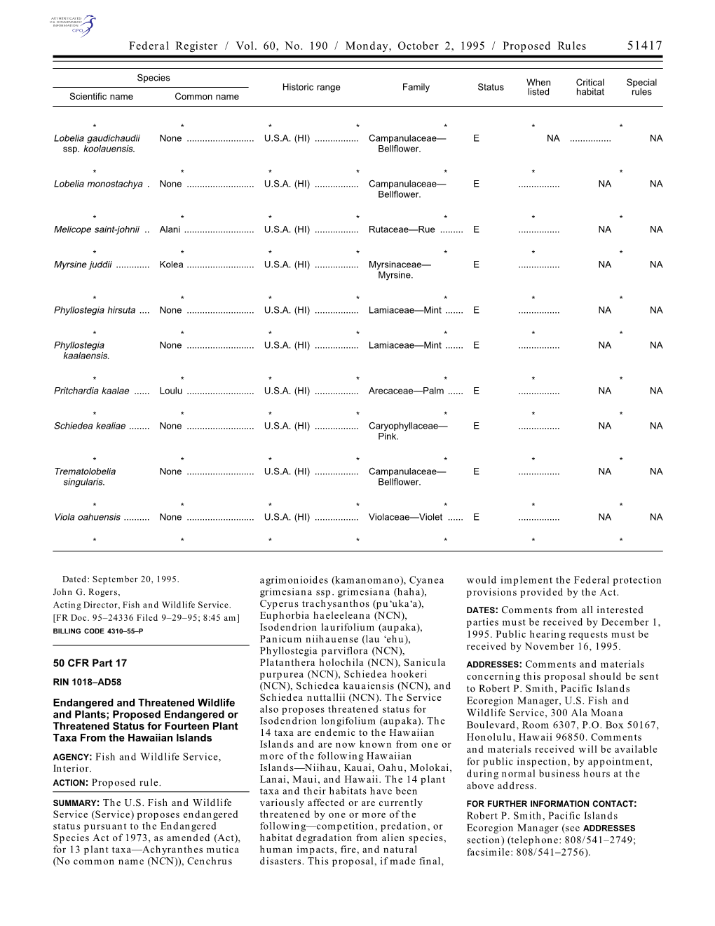 Federal Register / Vol. 60, No. 190 / Monday, October 2, 1995 / Proposed Rules 51417