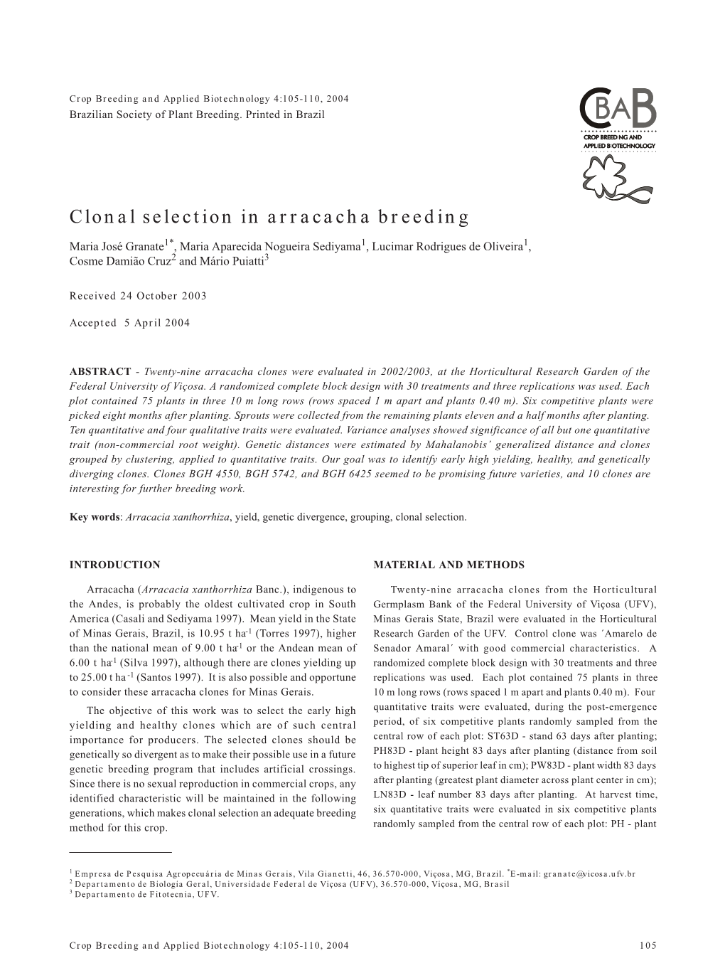 Clonal Selection in Arracacha Breeding