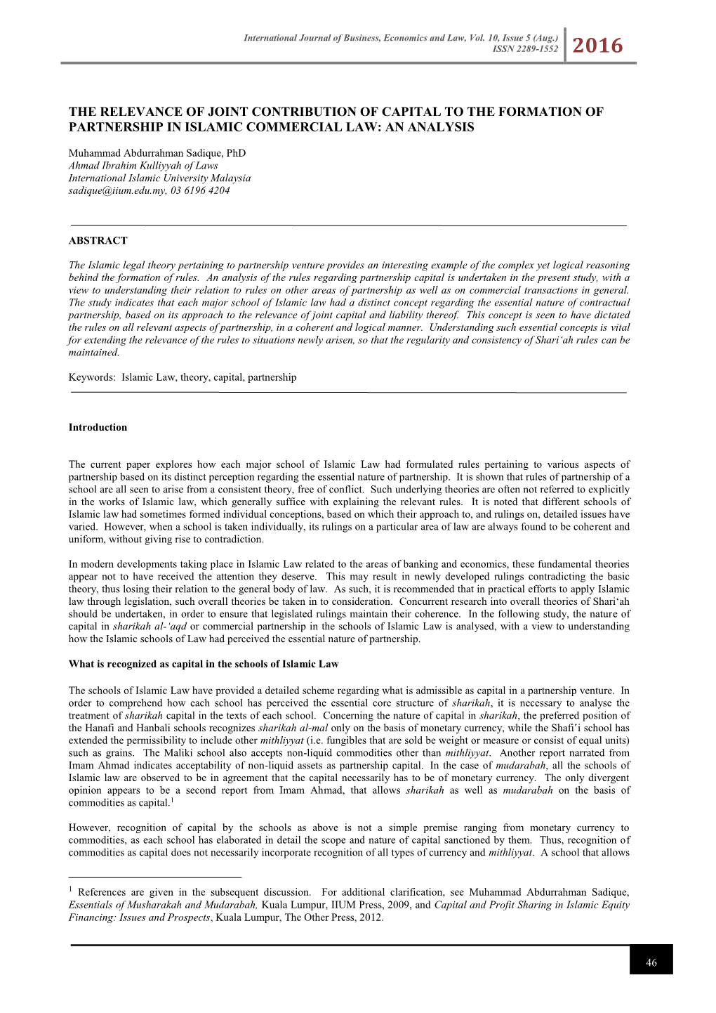 The Relevance of Joint Contribution of Capital to the Formation of Partnership in Islamic Commercial Law: an Analysis