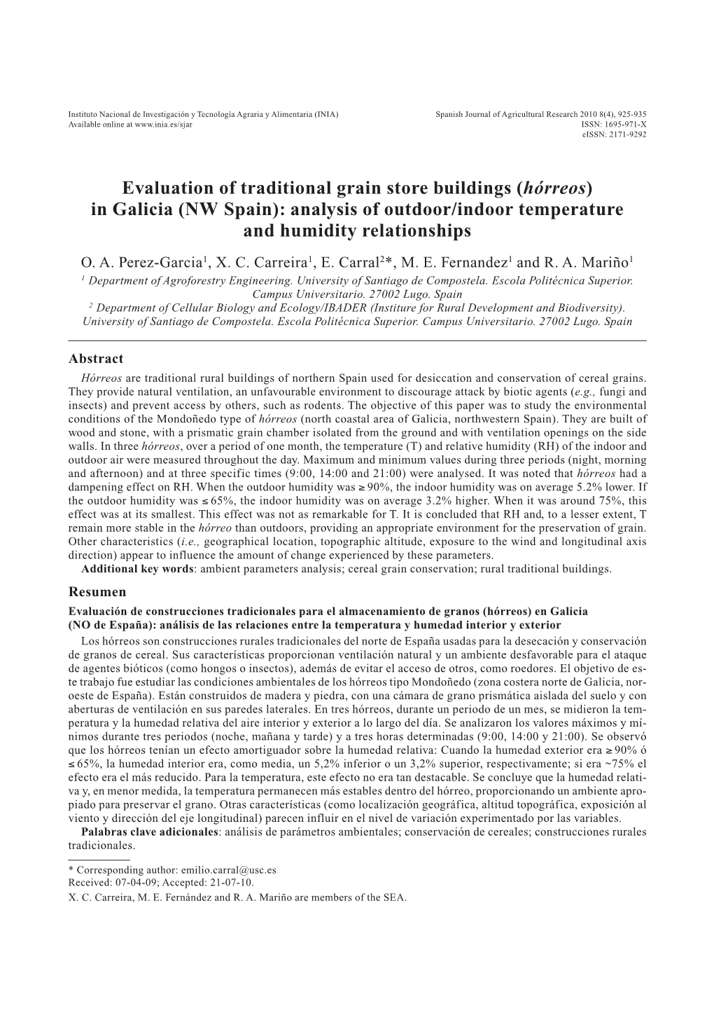 Evaluation of Traditional Grain Store Buildings (Hórreos) in Galicia (NW Spain): Analysis of Outdoor/Indoor Temperature and Humidity Relationships O