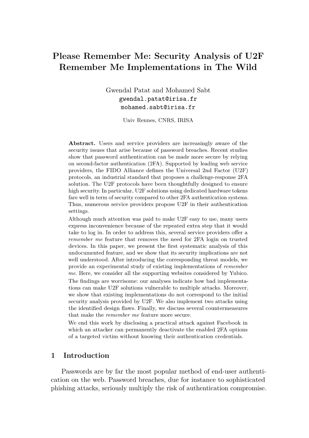 Security Analysis of U2F Remember Me Implementations in the Wild