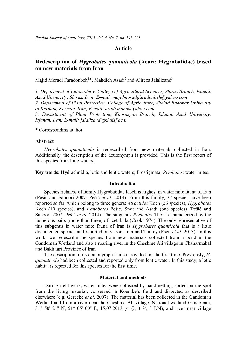 Article Redescription of Hygrobates Quanaticola (Acari: Hygrobatidae)