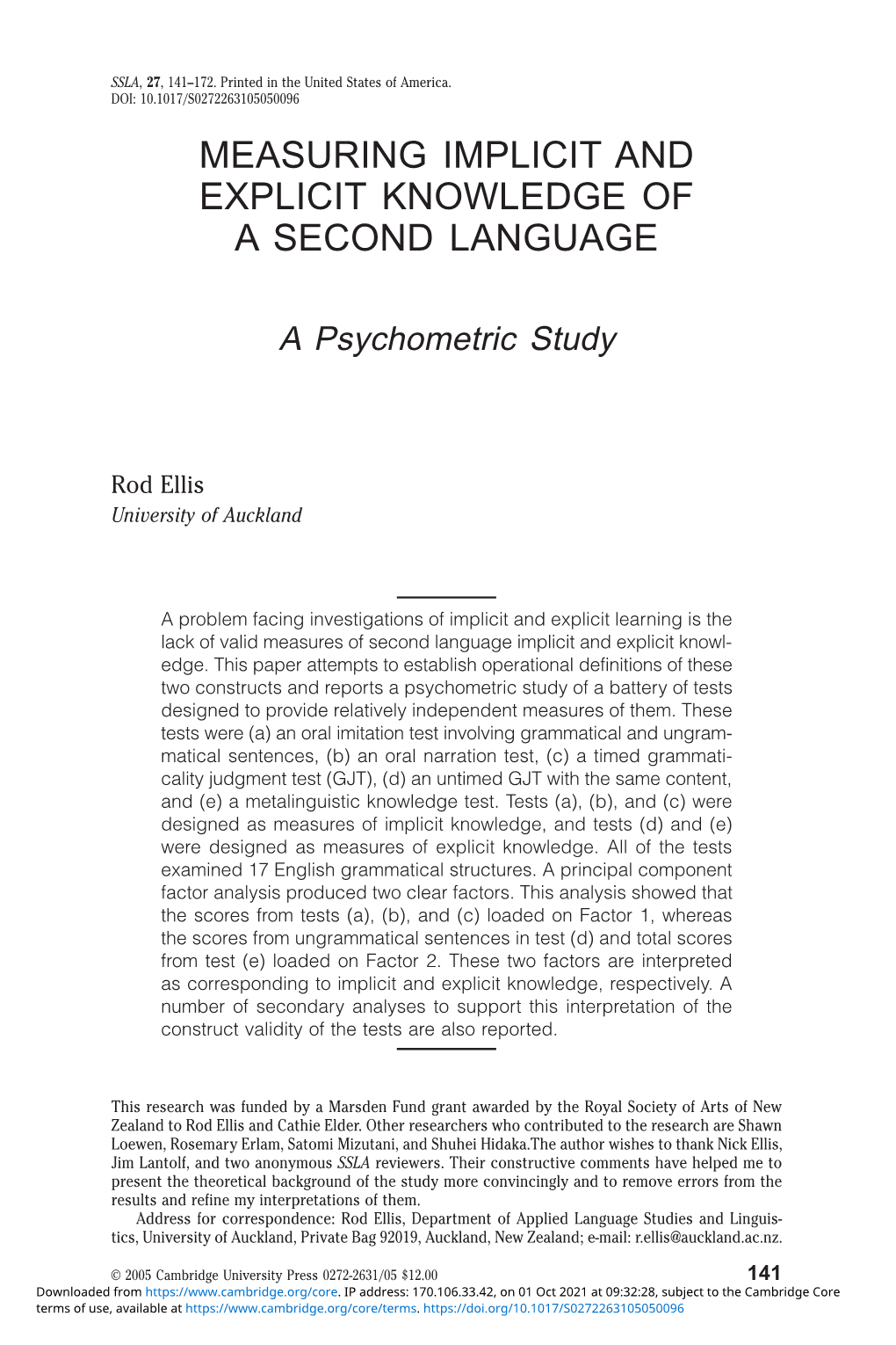 Measuring Implicit and Explicit Knowledge of a Second Language