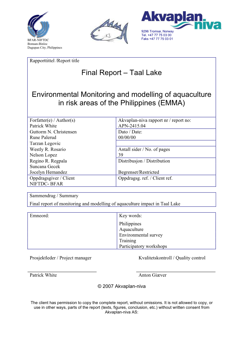 Taal Lake Environmental Monitoring and Modelling of Aquaculture in Risk