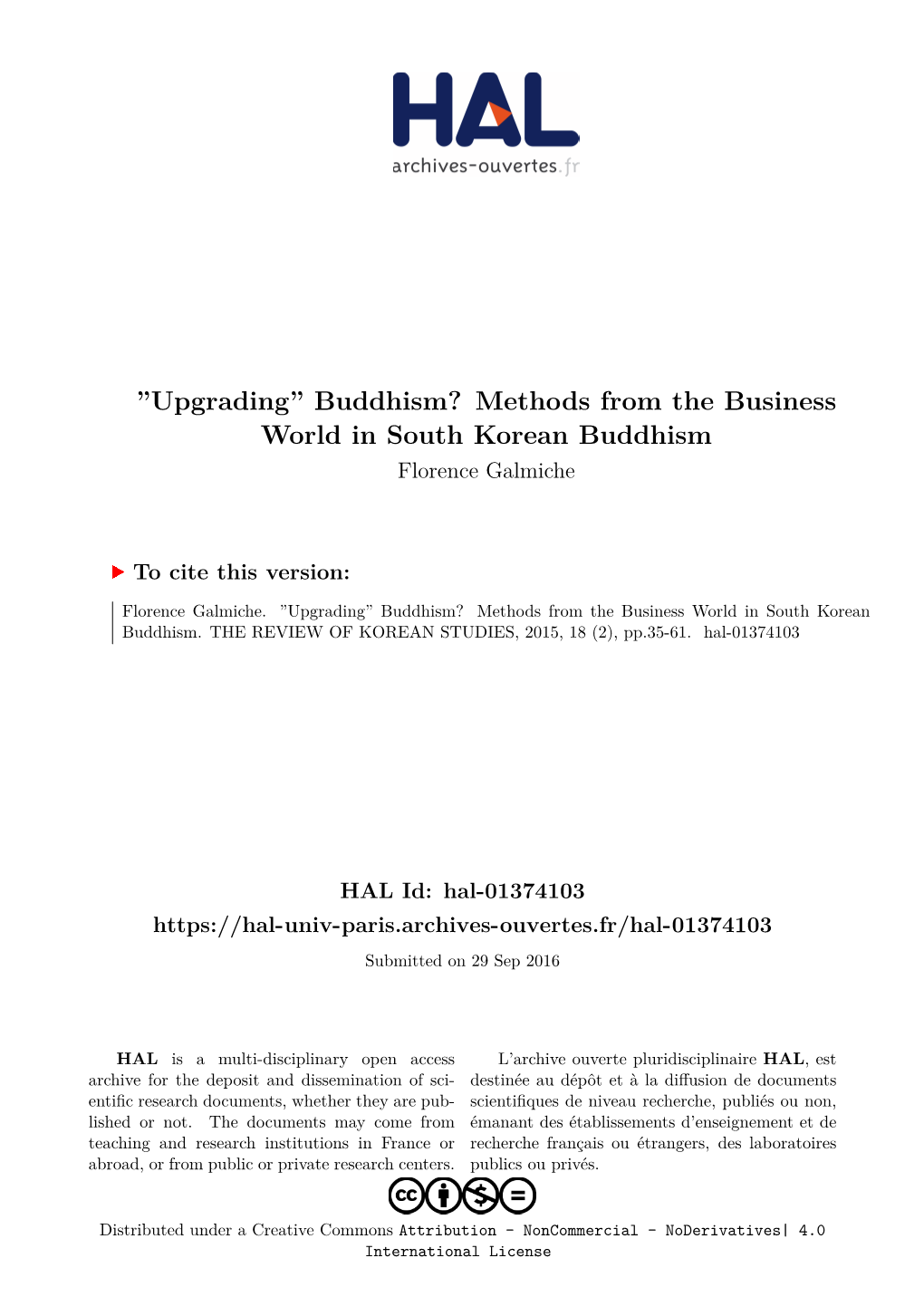 Buddhism? Methods from the Business World in South Korean Buddhism Florence Galmiche