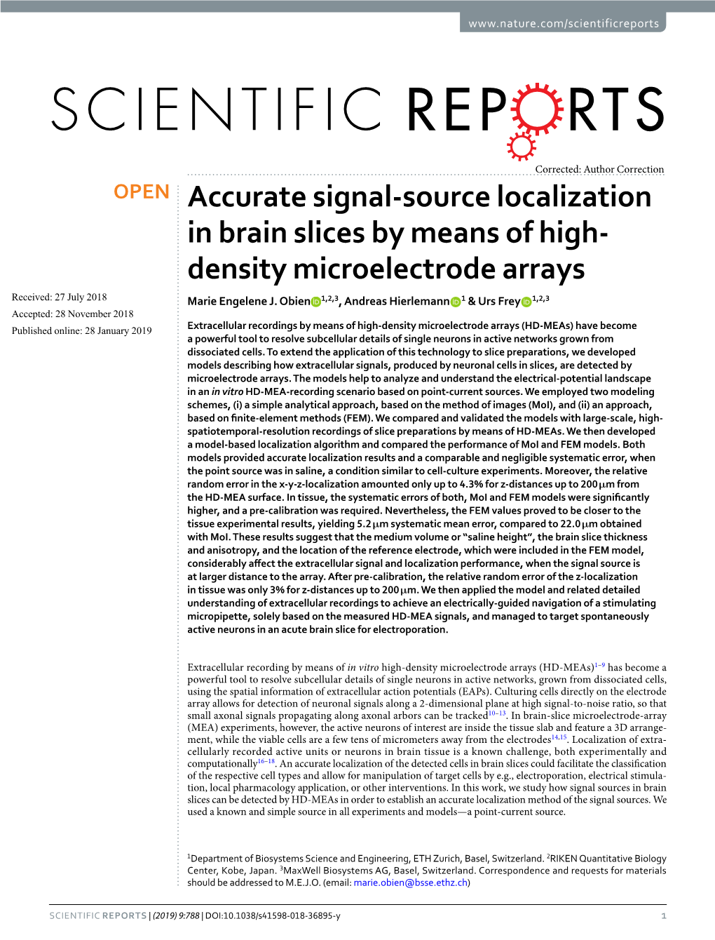 Accurate Signal-Source Localization in Brain Slices by Means of High- Density Microelectrode Arrays Received: 27 July 2018 Marie Engelene J