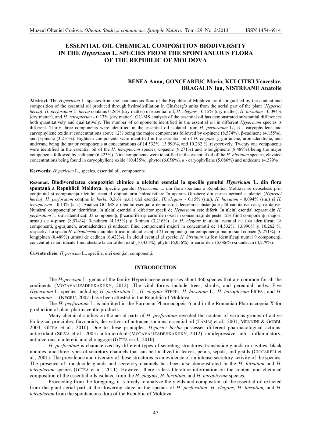 ESSENTIAL OIL CHEMICAL COMPOSITION BIODIVERSITY in the Hypericum L